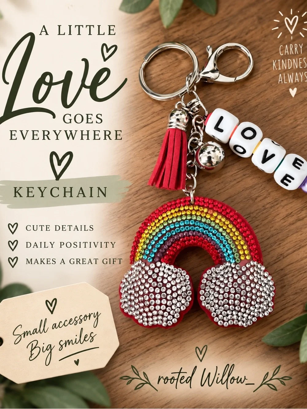 Rainbow Rhinestone Keychain LOVE Beaded Tassel Charm Bag Accessory